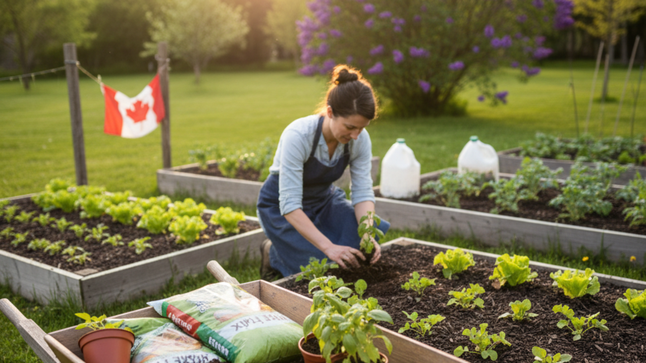 Woman kneeling in a raised-bed garden, transplanting lettuce on a sunny day with a Canadian flag in the background.