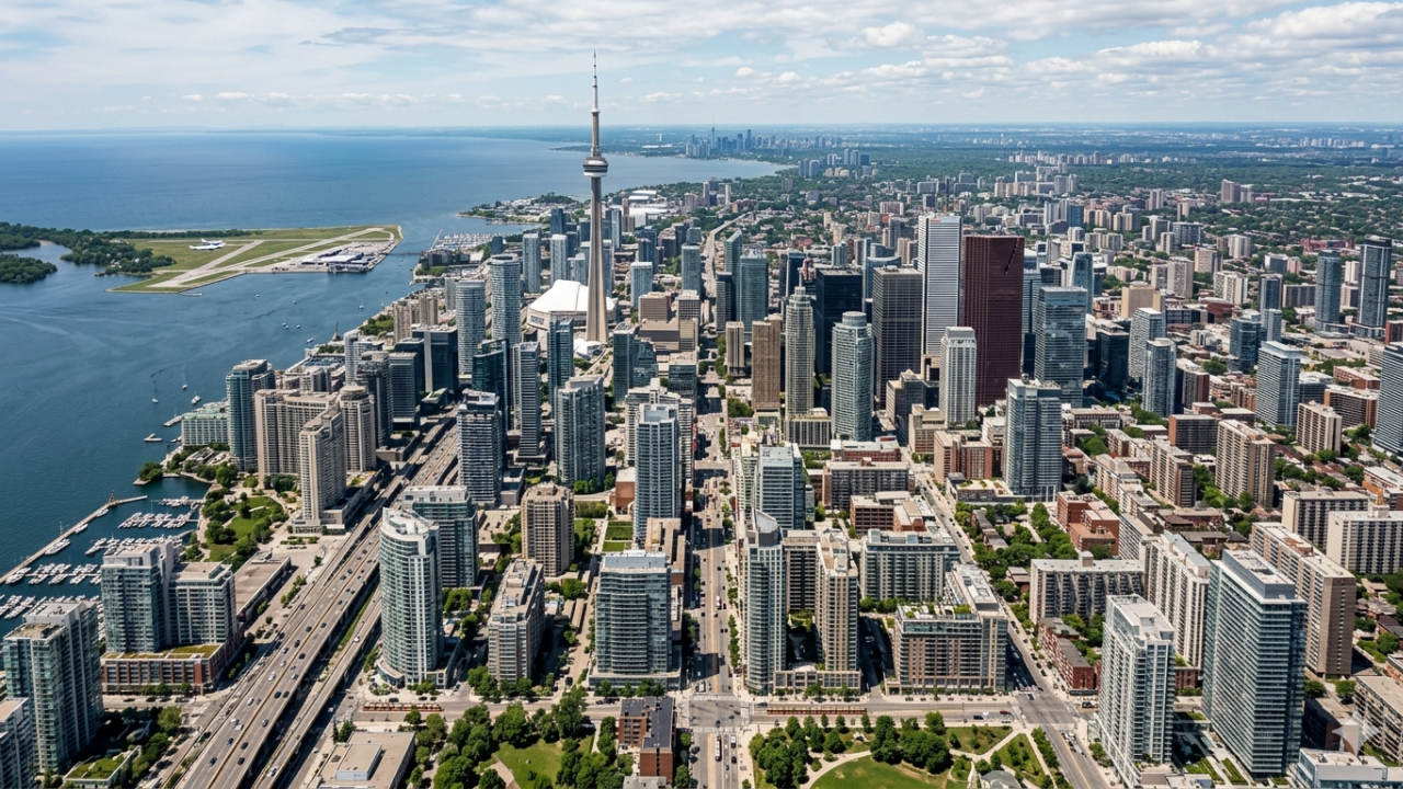 foreign-buyer-ban Aerial view of downtown Toronto with the CN Tower rising among skyscrapers beside Lake Ontario to the left.