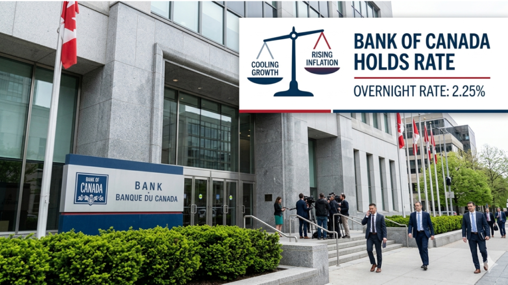 Exterior of the Bank of Canada building with people in business attire walking down the steps and a large Bank of Canada sign nearby, plus green shrubs in the foreground
