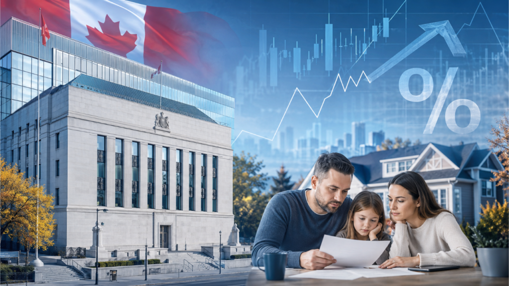 Bank-of-Canada-Interest-Rate-Announcement-Joe-Godara-July-15-2026-at-113347webp Canada government building with flags and a family reviewing documents at a table, overlaid with financial charts and graphs.