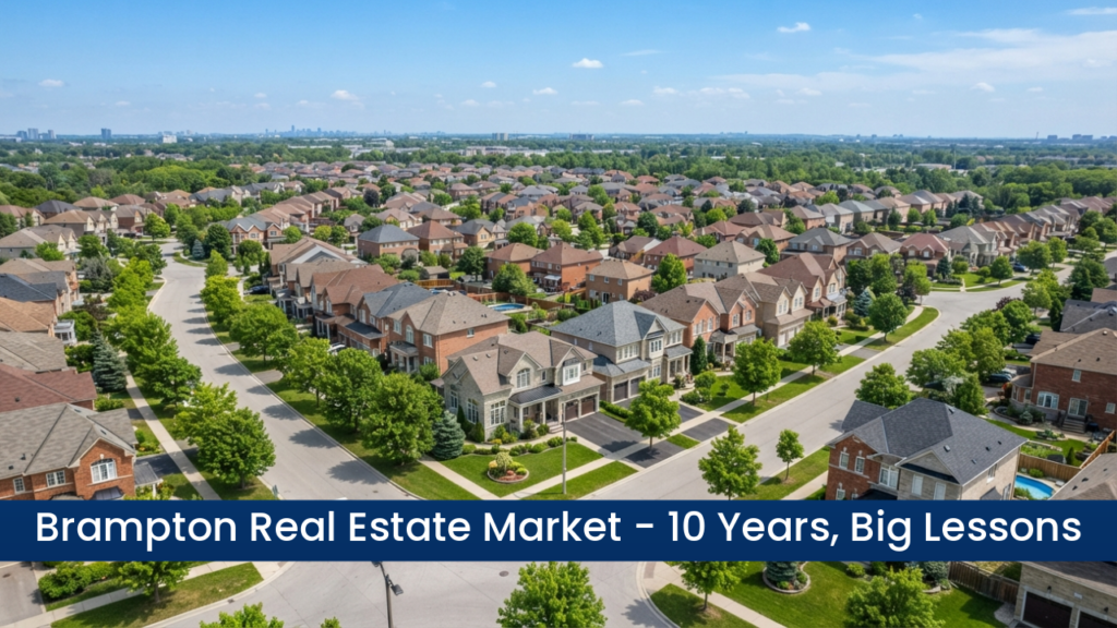 Aerial view of Brampton suburb with a dark blue banner across the bottom reading 'Brampton Real Estate Market - 10 Years, Big Lessons'.