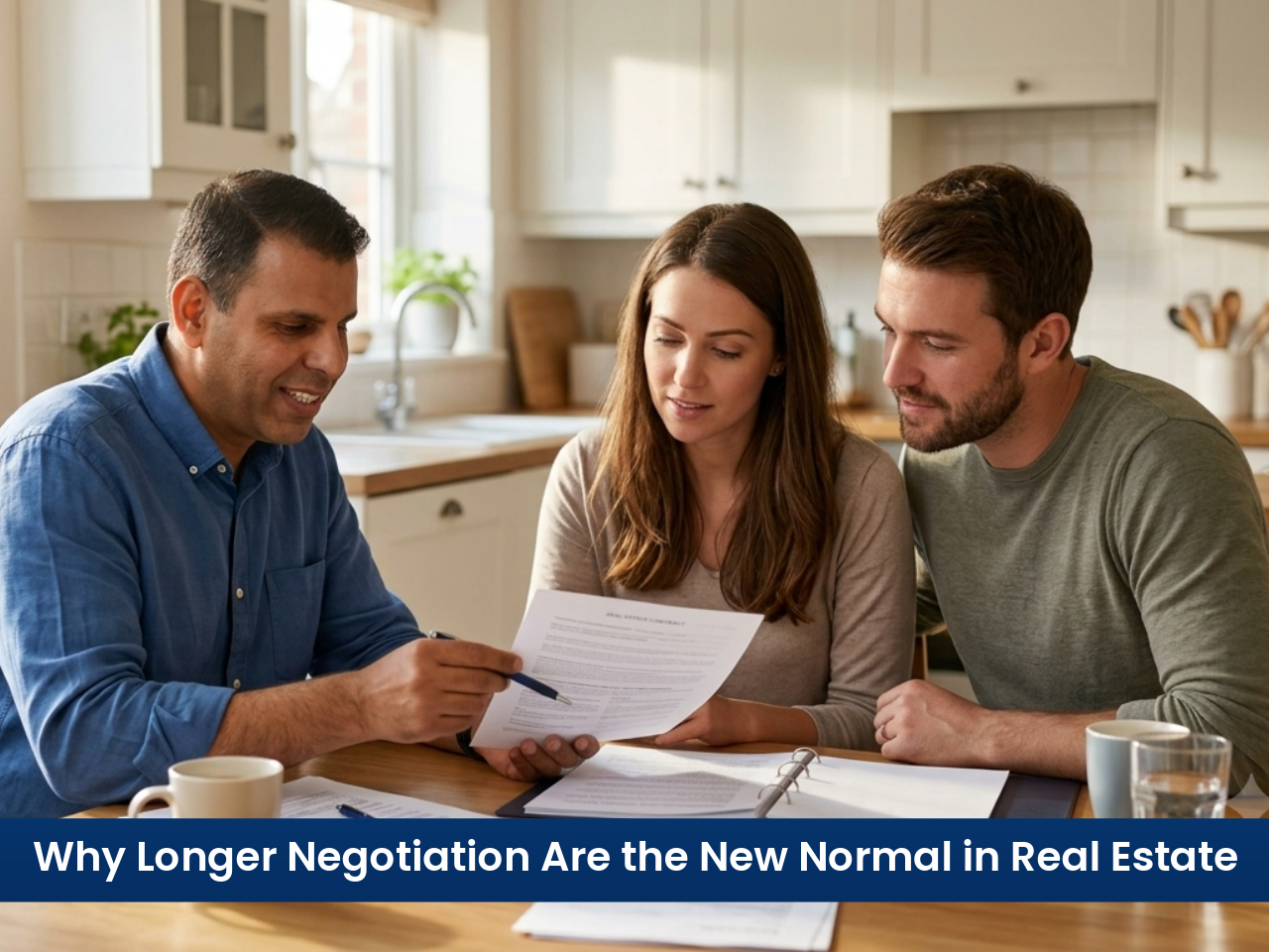 Three adults review real estate documents at a kitchen table; a man in a blue shirt points to papers as a couple watches, with a blue banner headline about longer real estate negotiations.