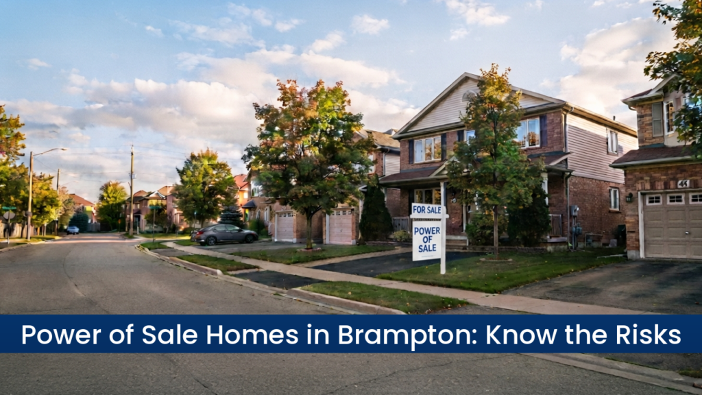 Power-of-Sale-Homes-in-Brampton-condoplushomeca_webp Suburban street with a two-story brick house and a 'For Sale' sign in the yard; blue banner text reads 'Power of Sale Homes in Brampton: Know the Risks'