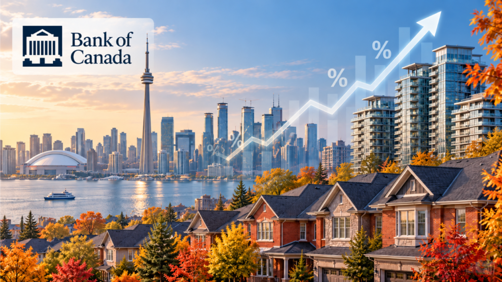 Bank of Canada logo over Toronto skyline with CN Tower and a rising financial chart over a suburban autumn neighborhood